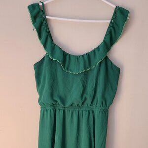 RW&CO Forest Green Summer Dress with Ruffled Neckline, Pompom Trim